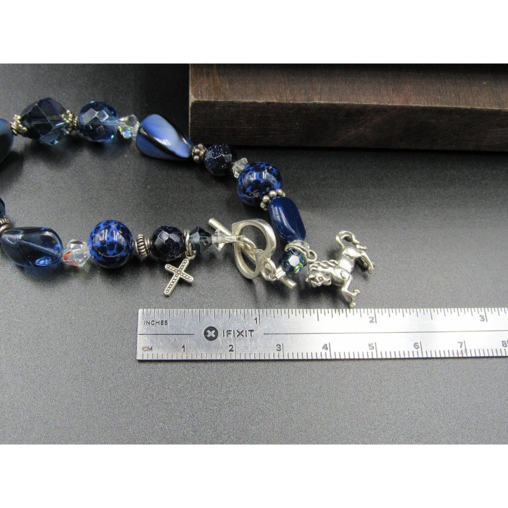 8" Sterling Silver Horse Charm Blue Glass Bracelet Vintage Wedding Engagement - Picture 8 of 9